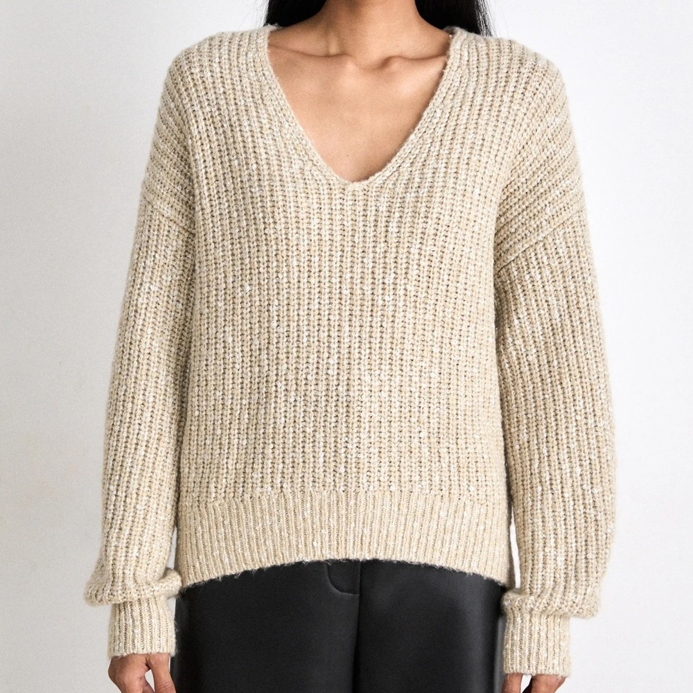 Boss Orange Facacia V Neck Dropped Shoulder Knit Jumper Beige Sweater Womens M‎